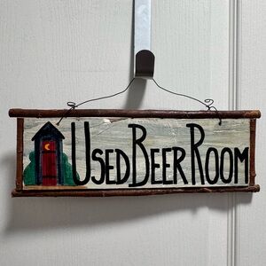 Bathroom humor “Used Beer Room” 🍺 wooden - hand painted. Wire hanger.